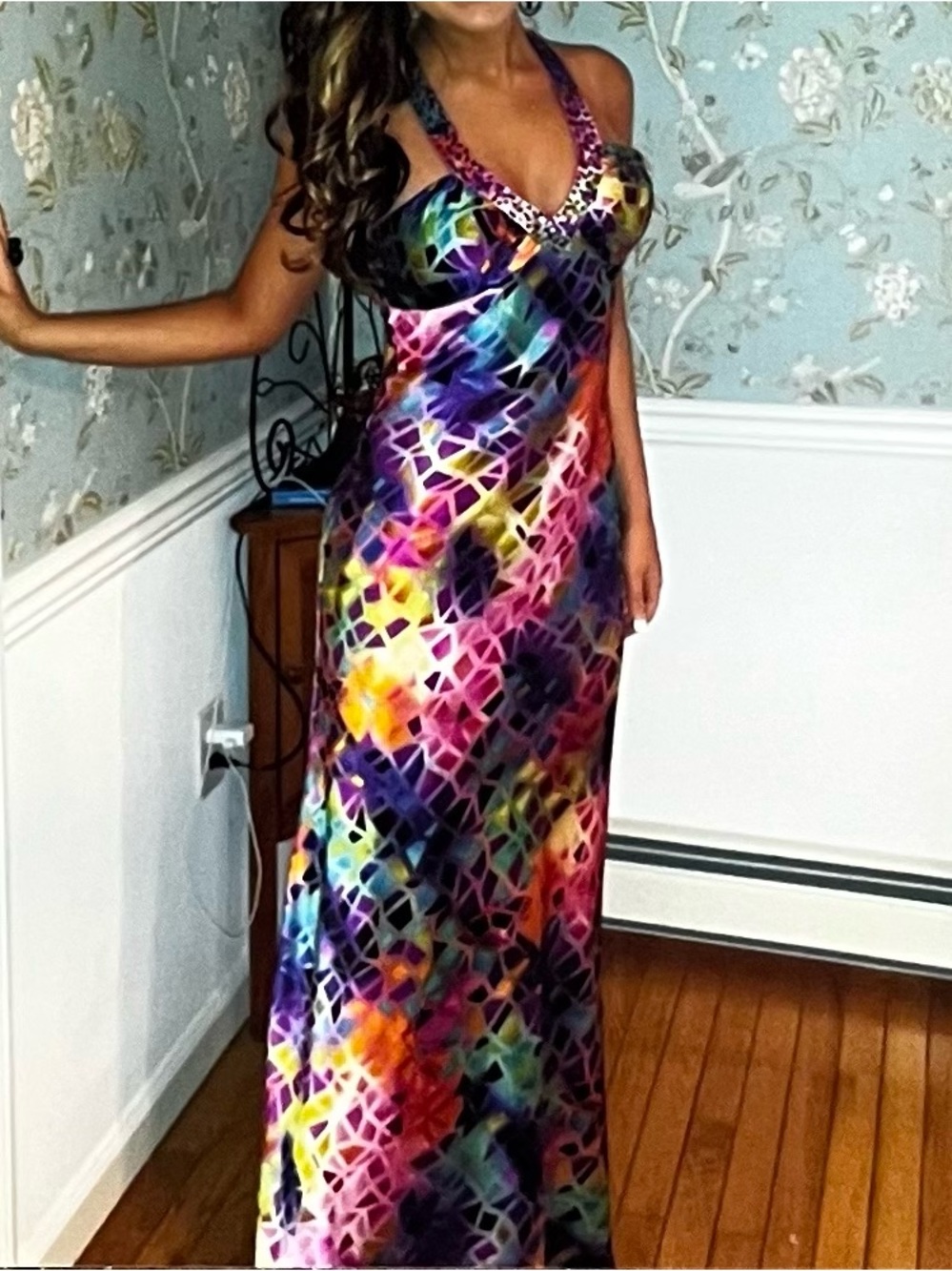Adrianna Papell Multi-Color Halter Maxi Dress with Purple Accents